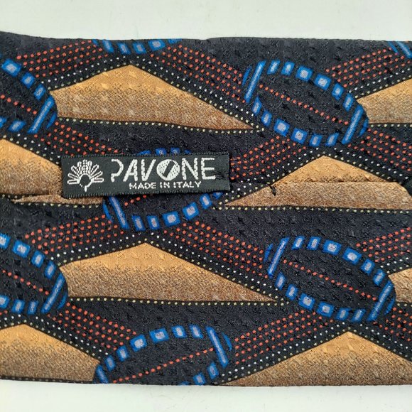 Pavone Brown Blue Geometric Printed 100% Silk Mens Necktie Standard Size - Picture 2 of 6